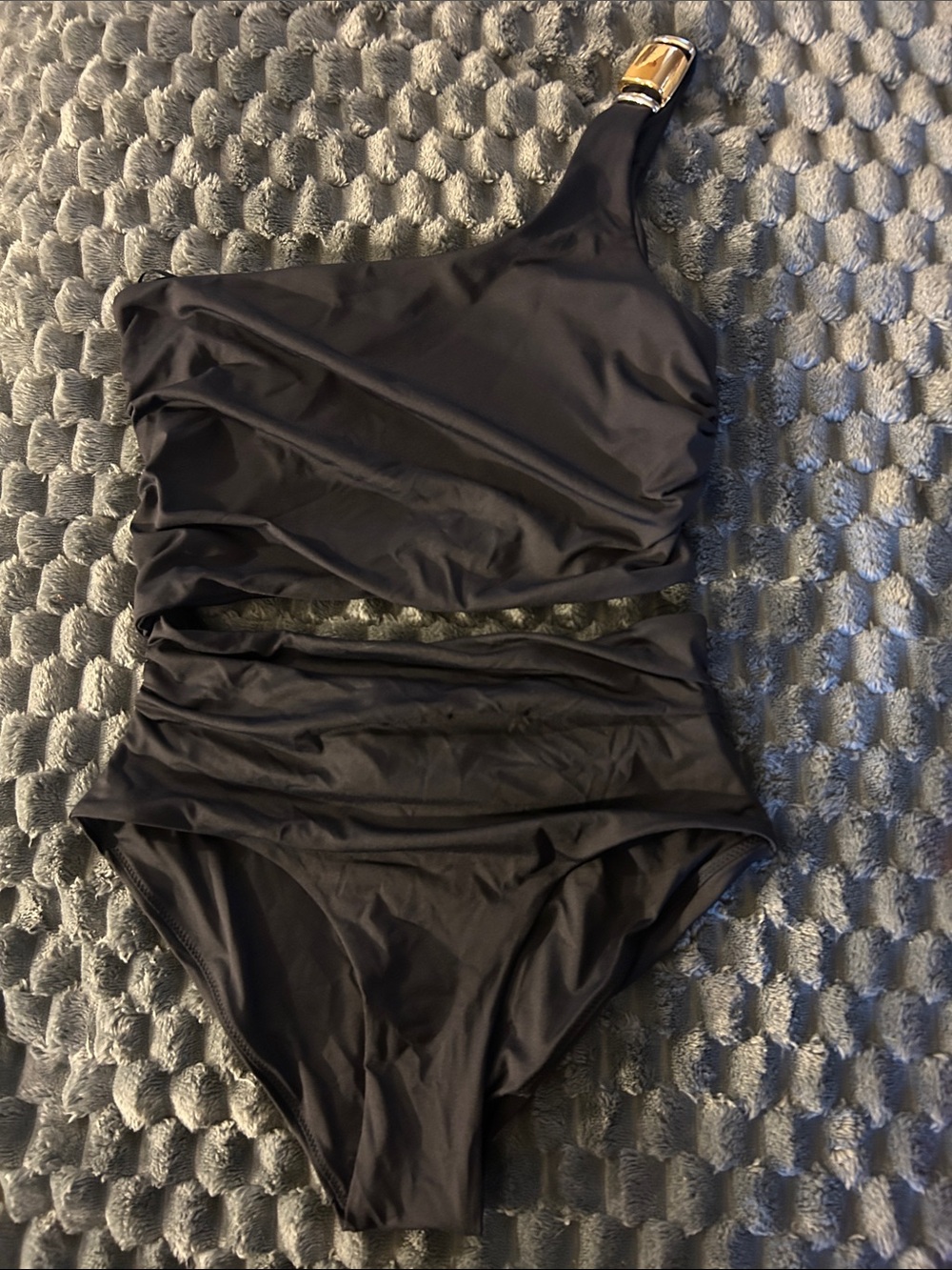 Zara One-Shoulder Black Ruched Swim One-Piece with Gold Accent